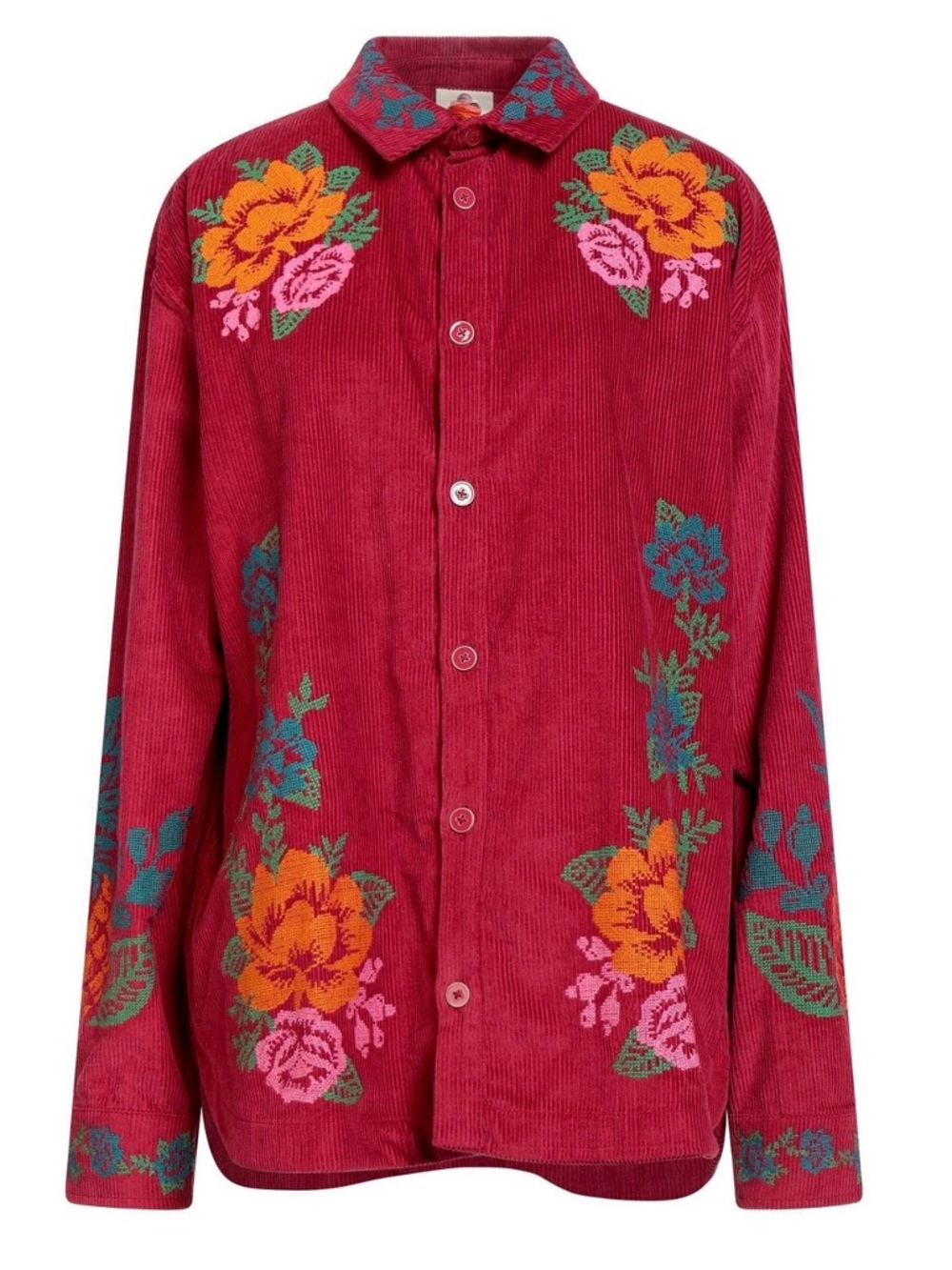 Farm Rio Tropical Embroidered Burgundy Corduroy Button-Up Shirt size XS NWT